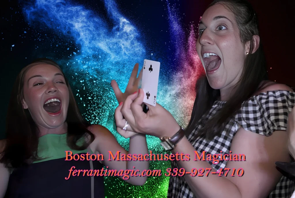 The Best in Magic Entertainment Photo of two young women mouths wide open in excitement and surprise from Boston Magician joe Ferranti's magic presentation.