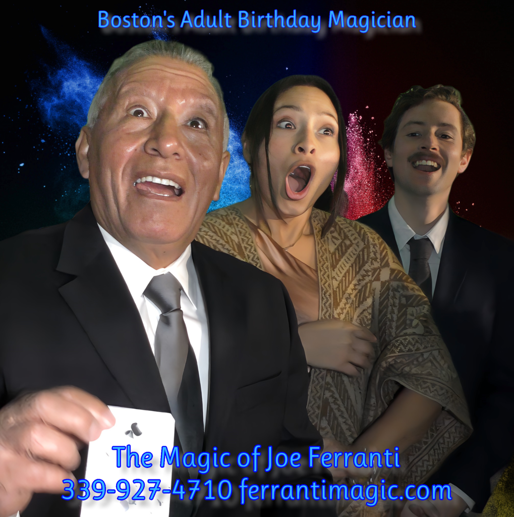 The Best in Magic Entertainment Three adults with astonished looks on their faces after seeing Boston magician joe Ferranti's exclusive "Birthday Card Trick!"