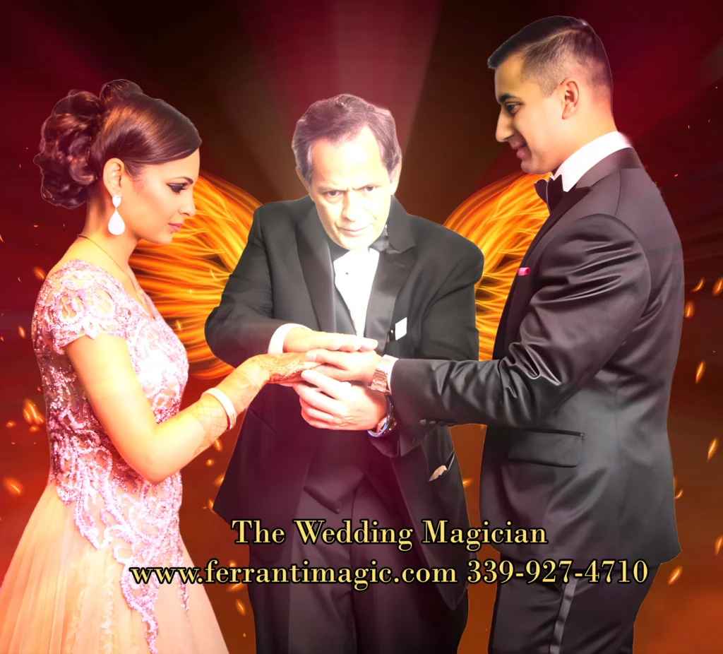 The Best in Magic Entertainment Boston Massachusetts top wedding magician performs a little magic for the bride and groom