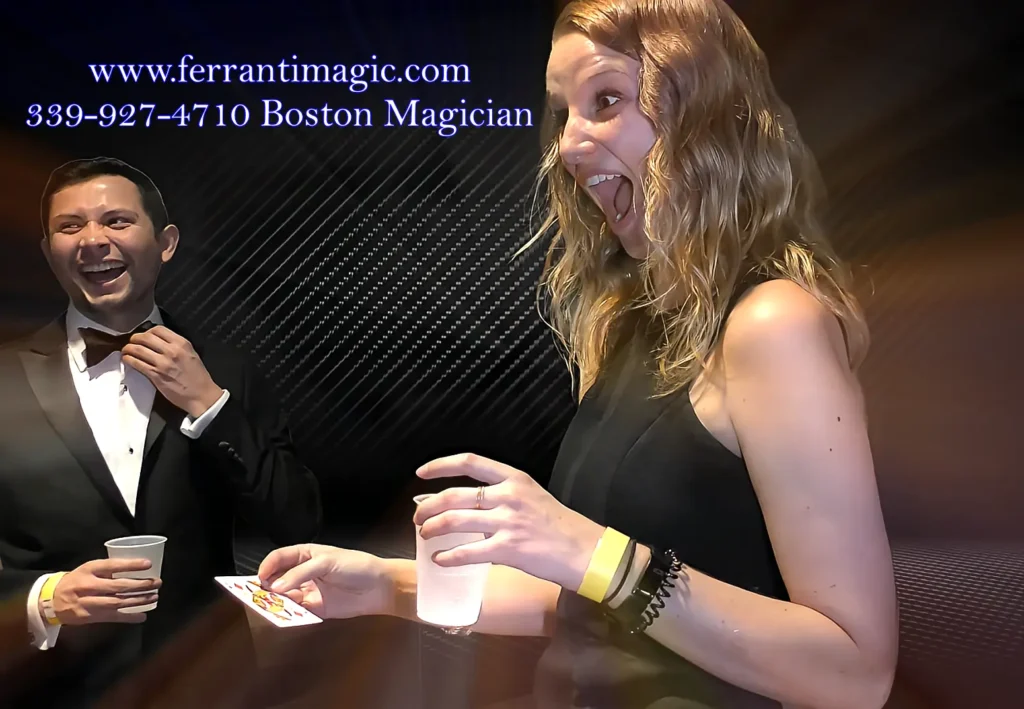 The Best in Magic Entertainment A photo of a young man and woman with expressions of awe from the magical stylings of Joe Ferranti Boston's best Magician.