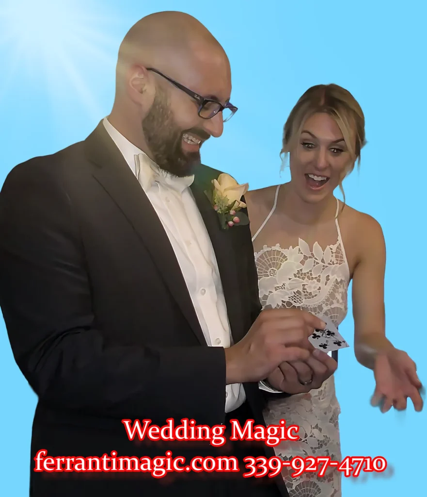 The Best in Magic Entertainment Boston Magician joe Ferranti performs at a wedding for a delighted Bride and Groom