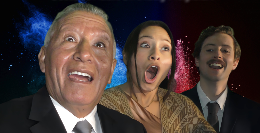 Shocked expressions of spectators reacting to Joe Ferranti's Birthday Card Trick.