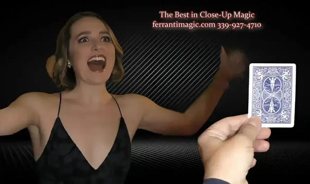 MassachusettsMagicianjoeFerranti The Best in Magic Entertainment The Best in Magic Entertainment A young woman with expression of surprise to witnessing The Magic of joe Ferranti Massachusetts Magician