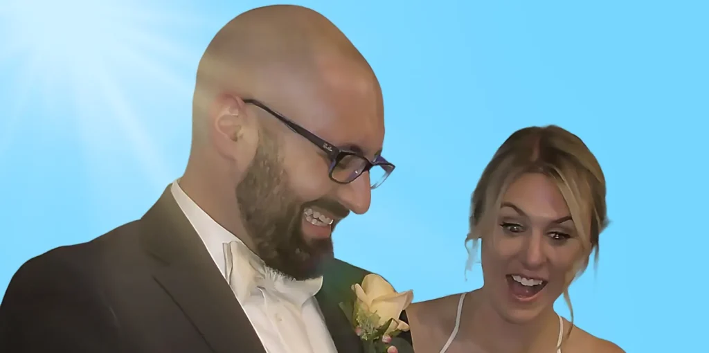 A Bride and Groom reacting to their special magic session with Joe Ferranti, Massachusetts magician.