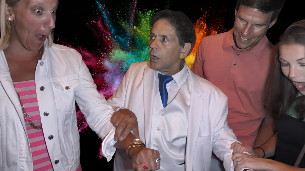 Close-up magician performing live magic as guests react with surprise and amazement