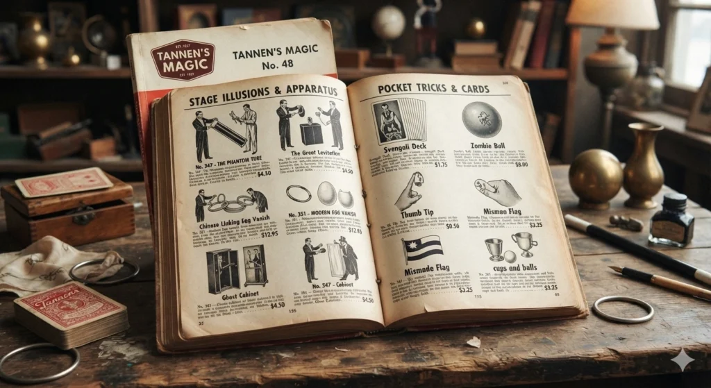 The Magic of Joe Ferranti Open vintage magic catalog showing stage illusions and pocket tricks on a wooden desk edge