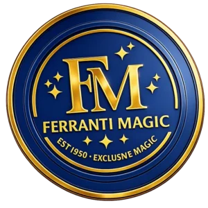 croppedlogowebsitewebp The Magic of Joe Ferranti The Magic of Joe Ferranti Ferranti Magic logo featuring metallic gold FM monogram on deep blue background representing Massachusetts closeup magician Joe Ferranti established 1950 premium professional magic entertainment